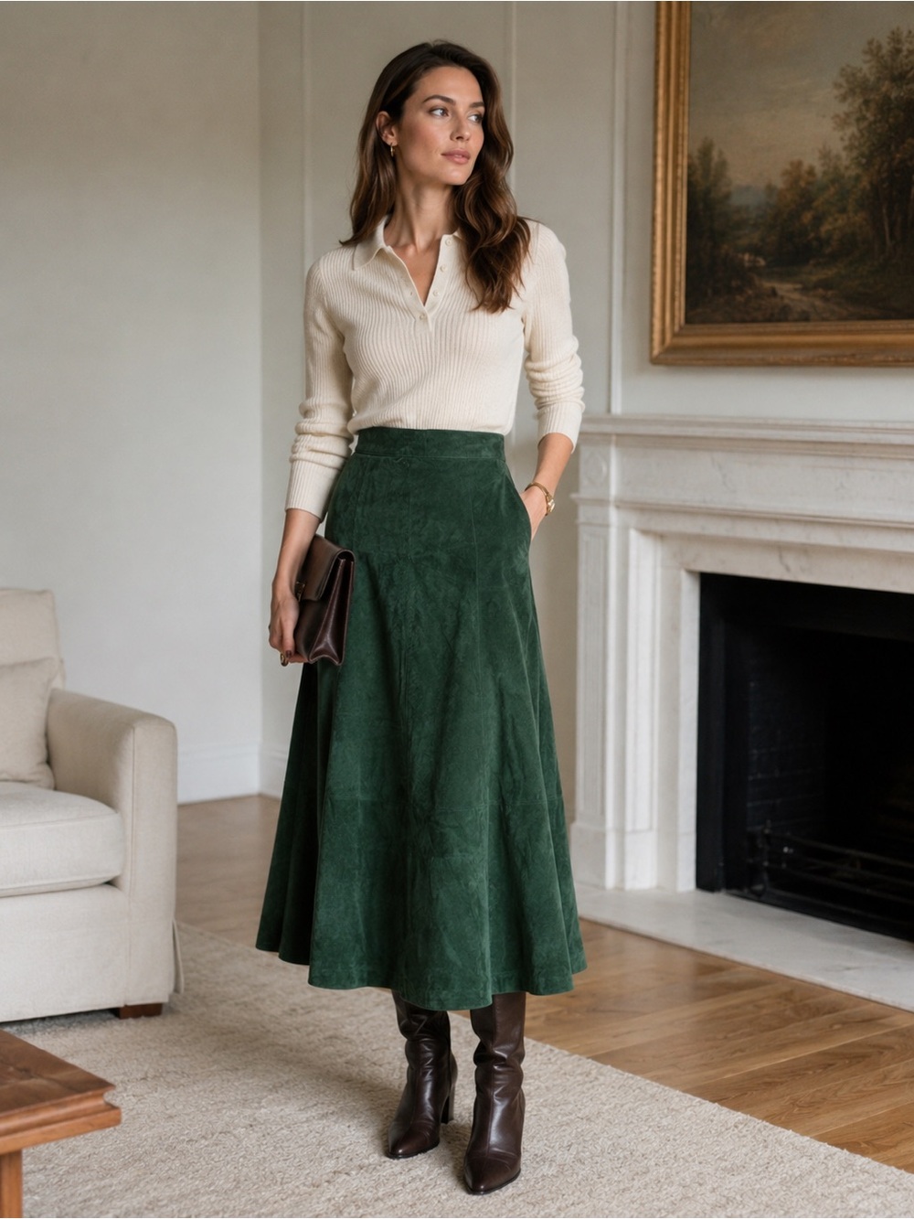Bagatelle Vintage Suede Leather Midi Skirt A-Line 12 Equestrian Dark Academia - Picture 6 of 13